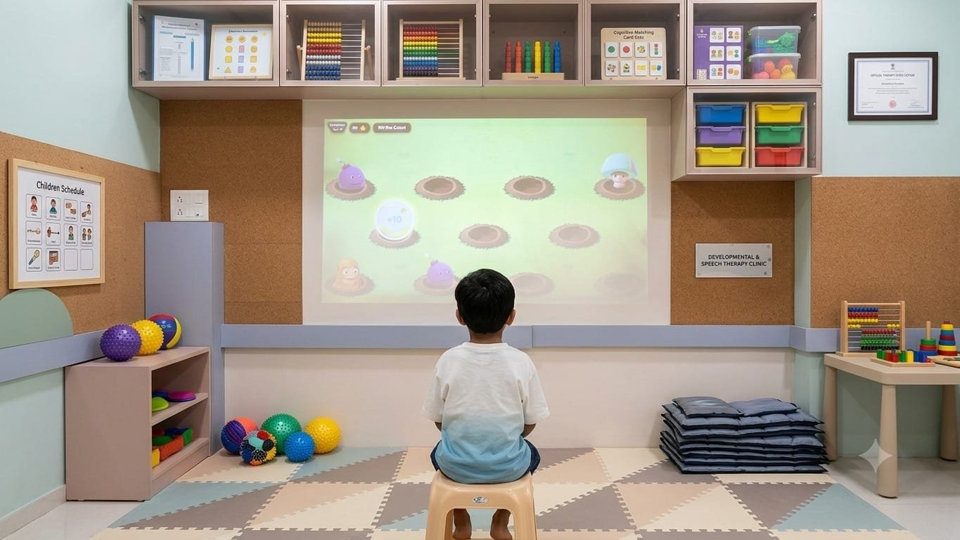A child reaching toward a projected ball-and-hoop game on the wall
