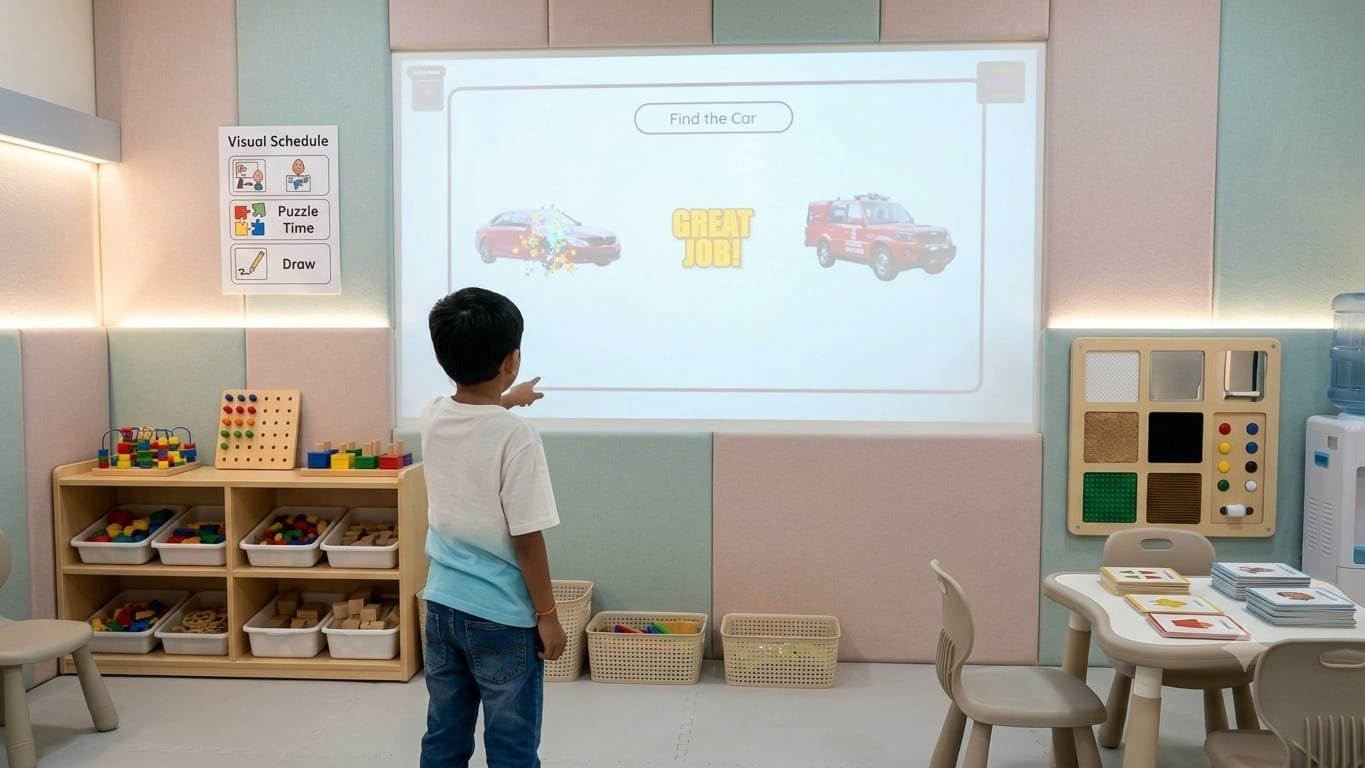 A child pointing at the matching picture in a projected 