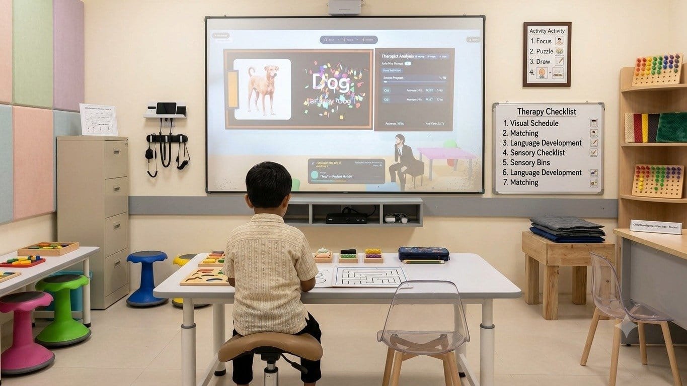 A therapist's analysis panel displayed beside a child's activity screen