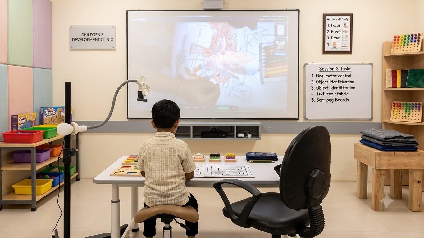 A child at a therapy table working alongside a large interactive display