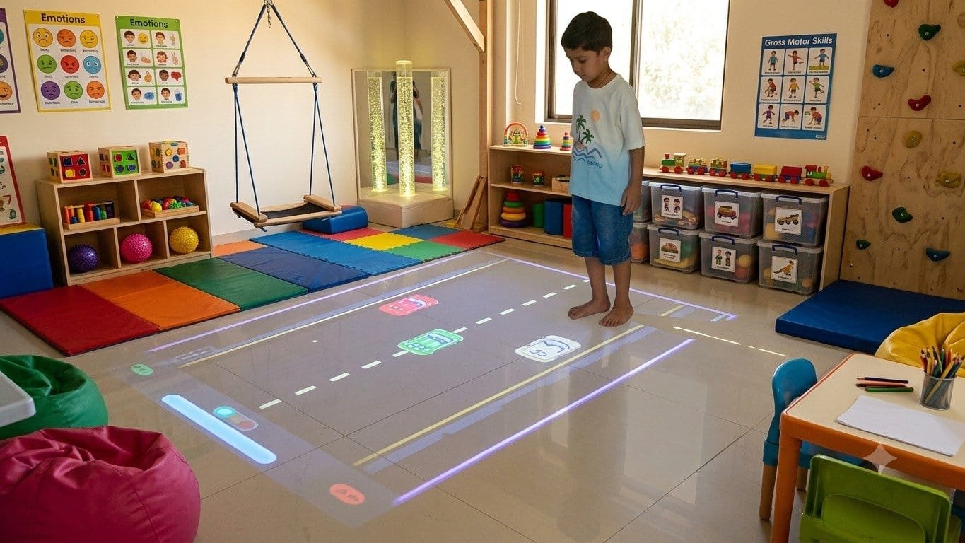 A floor-projected road game guiding a child to step and balance in a therapy room