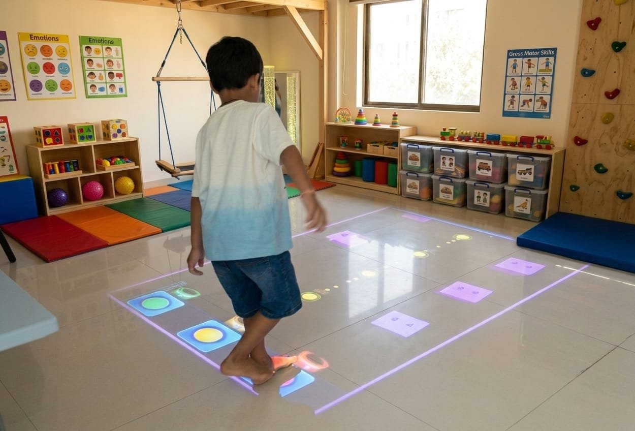 A therapist working with a child in front of an interactive projection in a therapy room