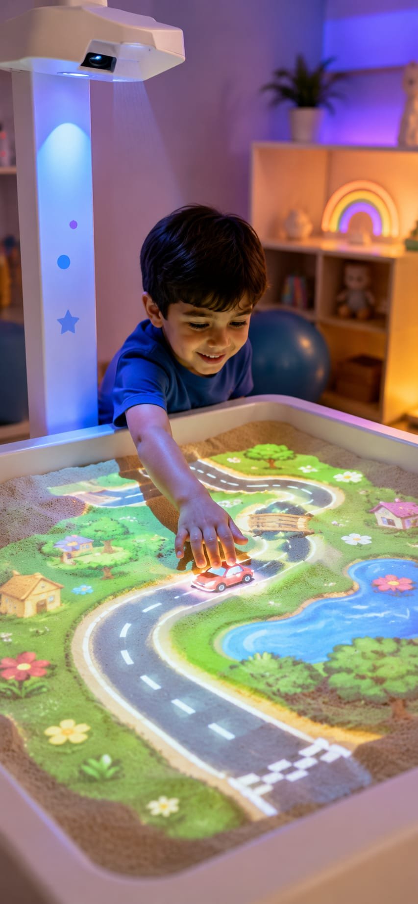 A projected sandcastle game on a therapy room wall