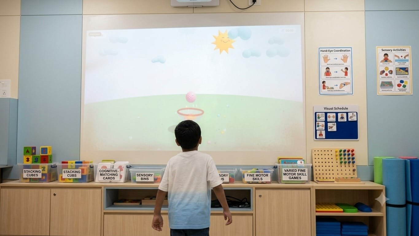 A child at a therapy table working alongside a large interactive display